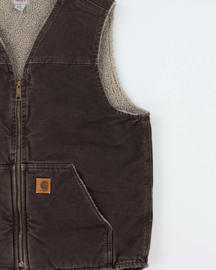 Vintage Carhartt V26 Sandstone Duck Canvas Sherpa Lined Rugged Workwear Gilet - L