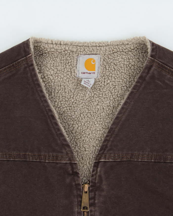 Vintage Carhartt V26 Sandstone Duck Canvas Sherpa Lined Rugged Workwear Gilet - L