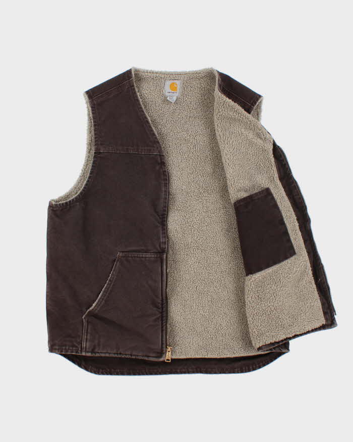 Vintage Carhartt V26 Sandstone Duck Canvas Sherpa Lined Rugged Workwear Gilet - L