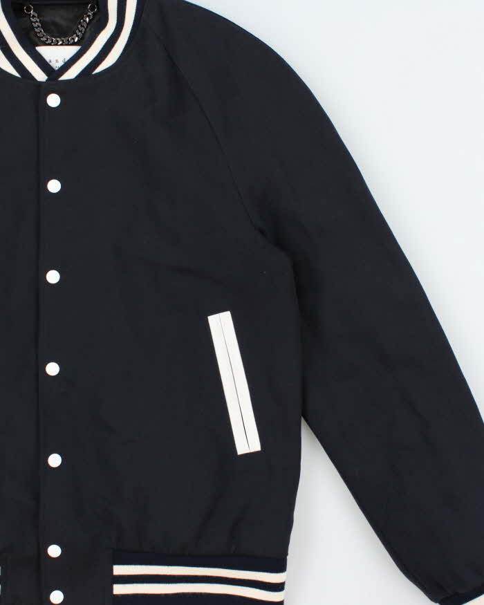 Sandro Paris Navy Wool Blend Striped Varsity Bomber Jacket - M