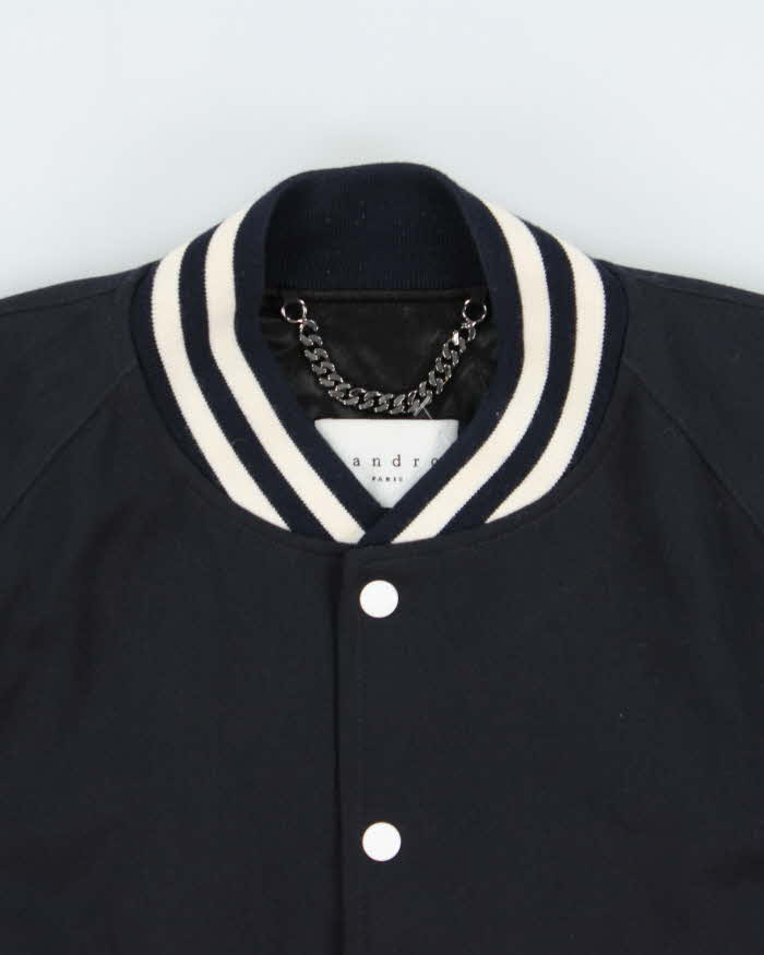 Sandro Paris Navy Wool Blend Striped Varsity Bomber Jacket - M