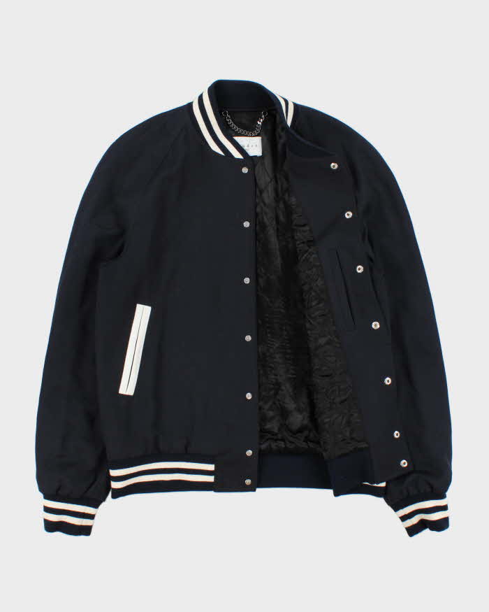 Sandro Paris Navy Wool Blend Striped Varsity Bomber Jacket - M