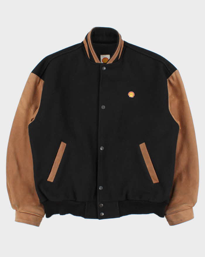 Vintage 1990s Shell Oil Wool Leather Varsity Bomber Jacket - L
