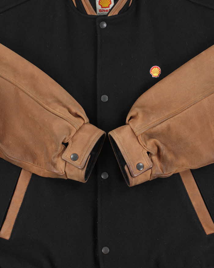 Vintage 1990s Shell Oil Wool Leather Varsity Bomber Jacket - L