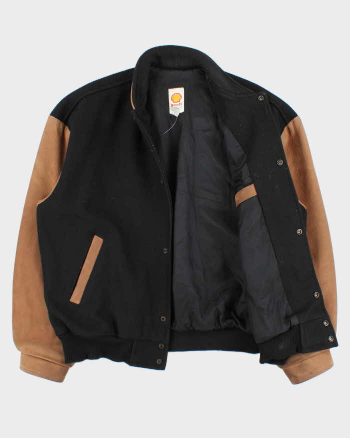 Vintage 1990s Shell Oil Wool Leather Varsity Bomber Jacket - L