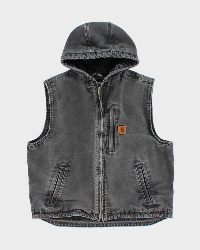 Vintage Carhartt 101 BLK Duck Canvas Fleece Lined Hooded Workwear Vest - L