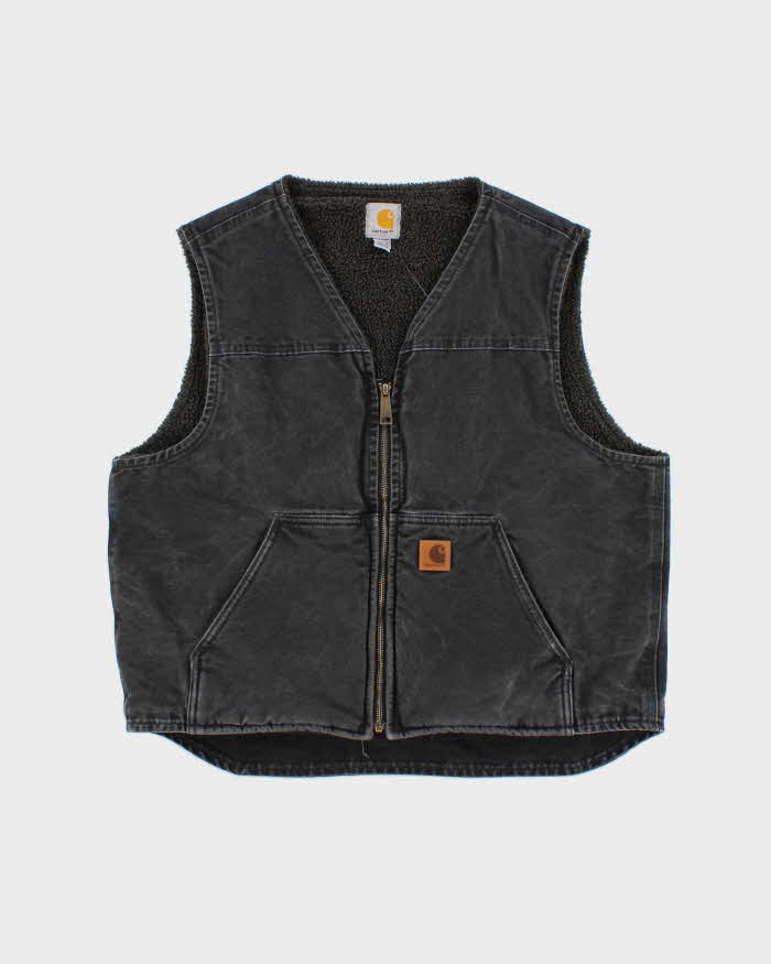 Vintage Carhartt V26 BLK Sandstone Rugged Washed Duck Canvas Sherpa Lined Workwear Vest - L