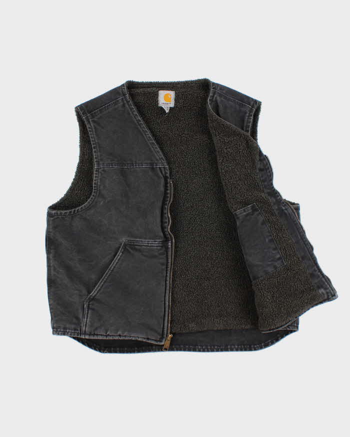 Vintage Carhartt V26 BLK Sandstone Rugged Washed Duck Canvas Sherpa Lined Workwear Vest - L