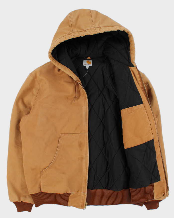 Vintage 2012 Carhartt J140 BRN Active Union Made In USA Quilt Lined Washed Duck Canvas Bomber Jacket - L