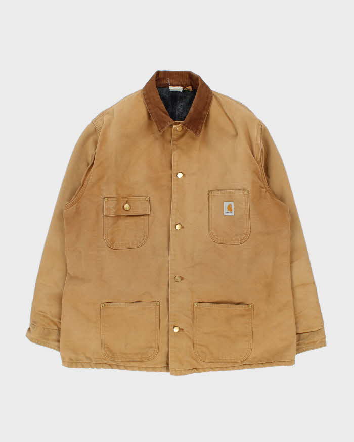 Vintage 1980s Carhartt C01 Union Made In USA Tan Washed Blanket Lined Firm Duck Canvas Chore Jacket - XXL