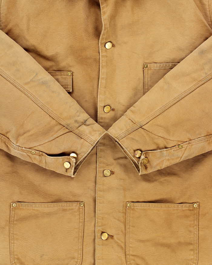 Vintage 1980s Carhartt C01 Union Made In USA Tan Washed Blanket Lined Firm Duck Canvas Chore Jacket - XXL