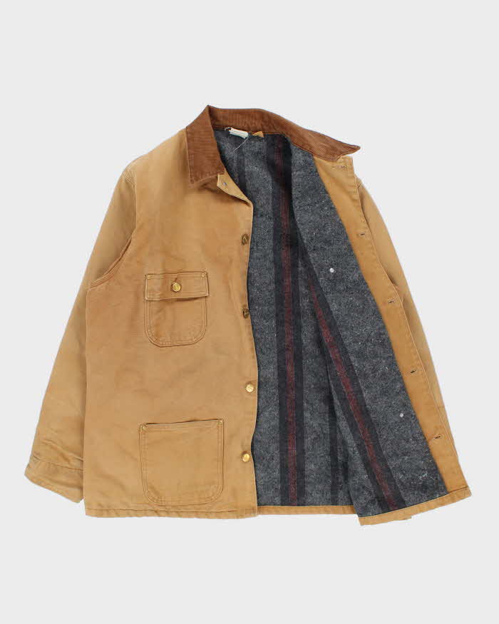 Vintage 1980s Carhartt C01 Union Made In USA Tan Washed Blanket Lined Firm Duck Canvas Chore Jacket - XXL