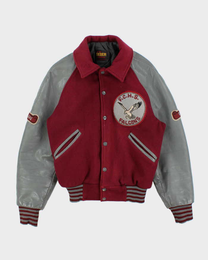 Vintage 1980s Falcons College Football Wool Leather Seder Made In Canada Collared Varsity Jacket - S