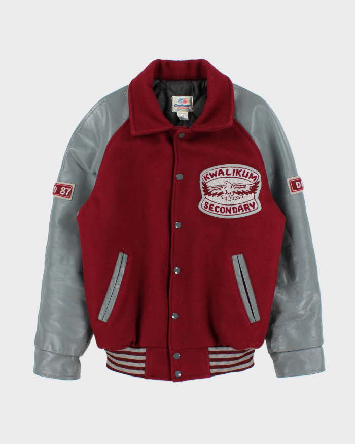 Vintage 1987 Kwalikum Grad Wool Leather Challenger Made In Canada Collared Varsity Jacket - M