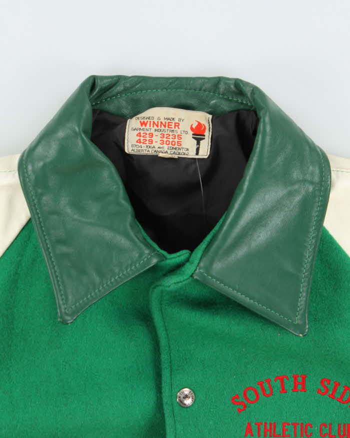 Vintage 1980s South Side Ath. Club Winner Made In Canada Wool Leather Collared Varsity Jacket - XL