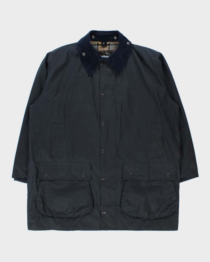 Vintage Barbour Classic Navy Border Tartan Lined Waxed Country Jacket - 3XL