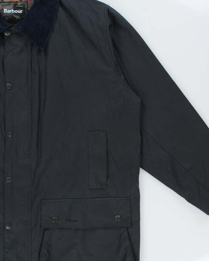 Vintage Barbour Classic Navy Border Tartan Lined Waxed Country Jacket - 3XL