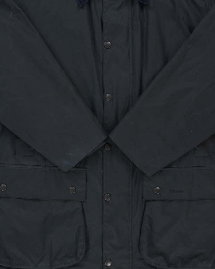 Vintage Barbour Classic Navy Border Tartan Lined Waxed Country Jacket - 3XL
