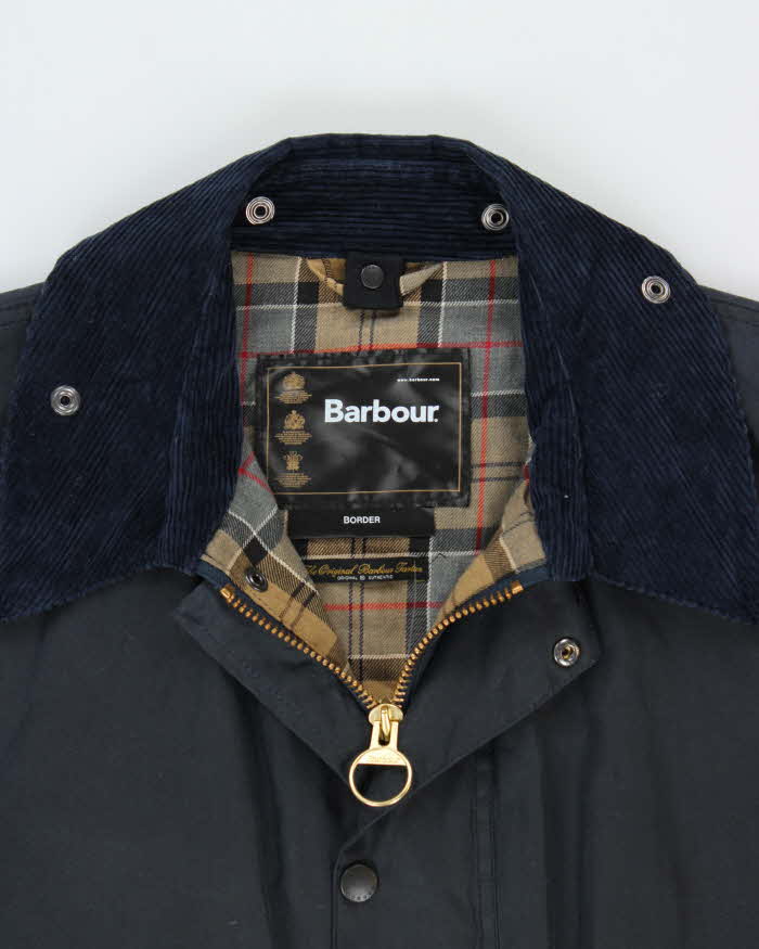 Vintage Barbour Classic Navy Border Tartan Lined Waxed Country Jacket - 3XL