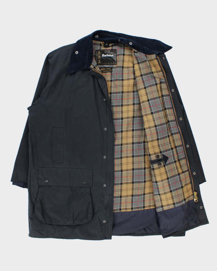 Vintage Barbour Classic Navy Border Tartan Lined Waxed Country Jacket - 3XL
