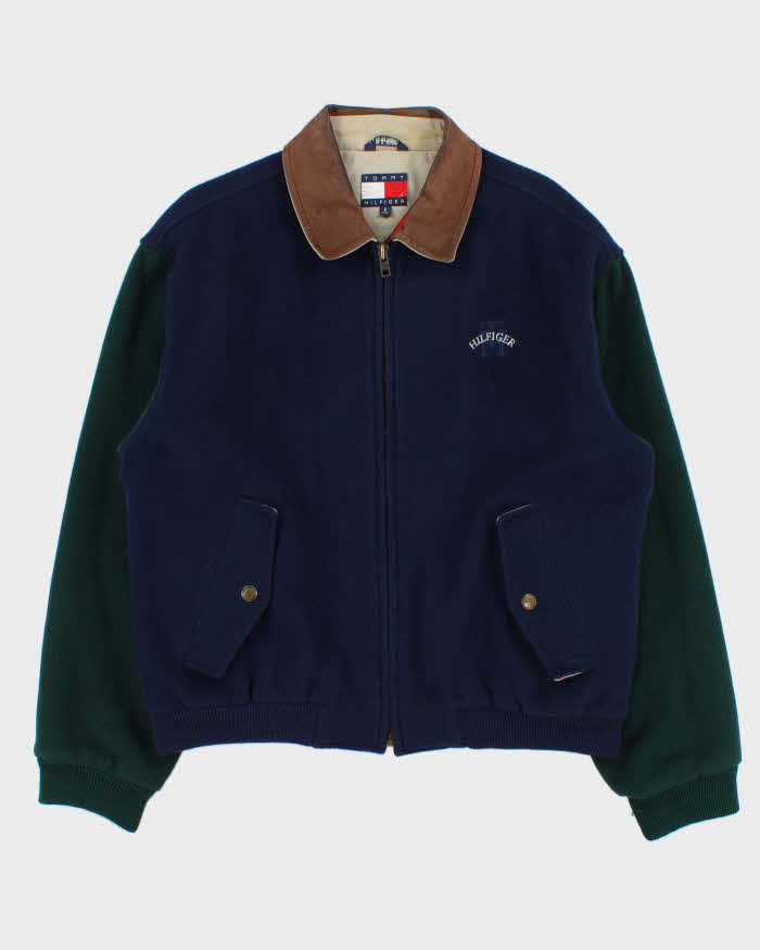 Vintage 1990s Tommy Hilfiger Wool Blend Colour Block Quilt Lined Leather Collar Bomber Jacket - S