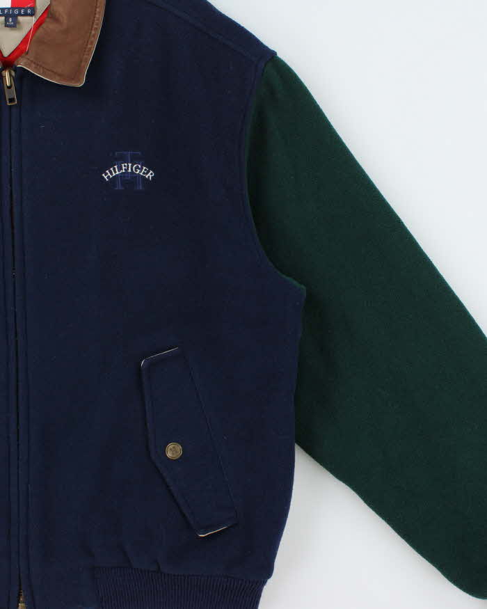 Vintage 1990s Tommy Hilfiger Wool Blend Colour Block Quilt Lined Leather Collar Bomber Jacket - S