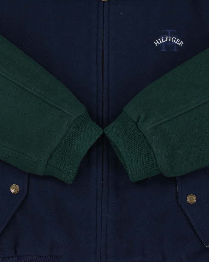 Vintage 1990s Tommy Hilfiger Wool Blend Colour Block Quilt Lined Leather Collar Bomber Jacket - S