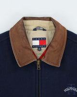 Vintage 1990s Tommy Hilfiger Wool Blend Colour Block Quilt Lined Leather Collar Bomber Jacket - S