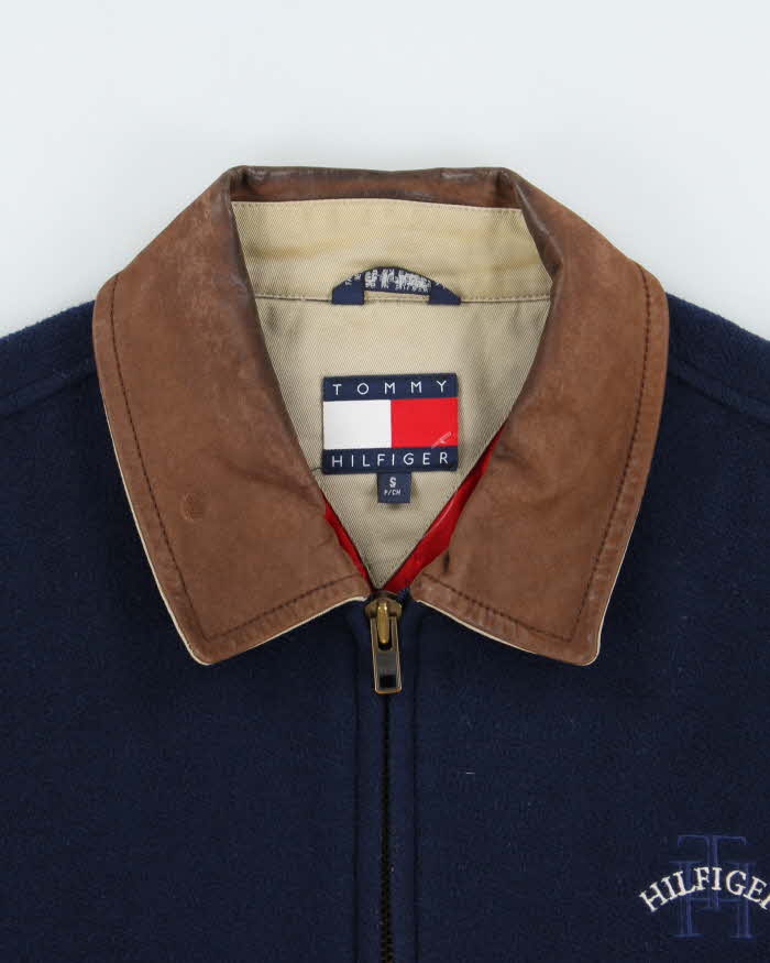 Vintage 1990s Tommy Hilfiger Wool Blend Colour Block Quilt Lined Leather Collar Bomber Jacket - S