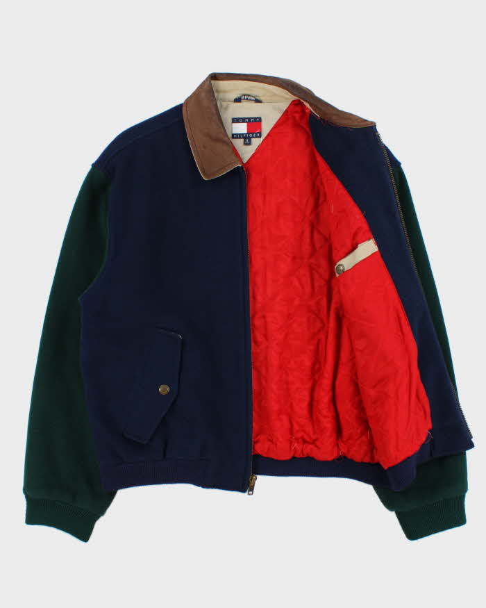 Vintage 1990s Tommy Hilfiger Wool Blend Colour Block Quilt Lined Leather Collar Bomber Jacket - S
