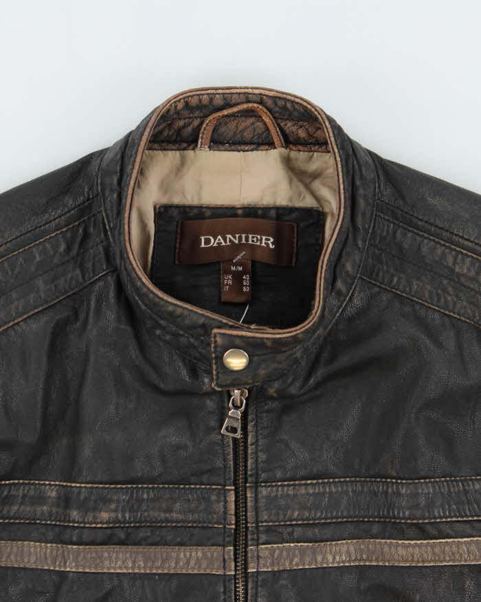 Vintage Y2K 00s Danier Distressed Leather Cafe Racer Moto Jacket - L