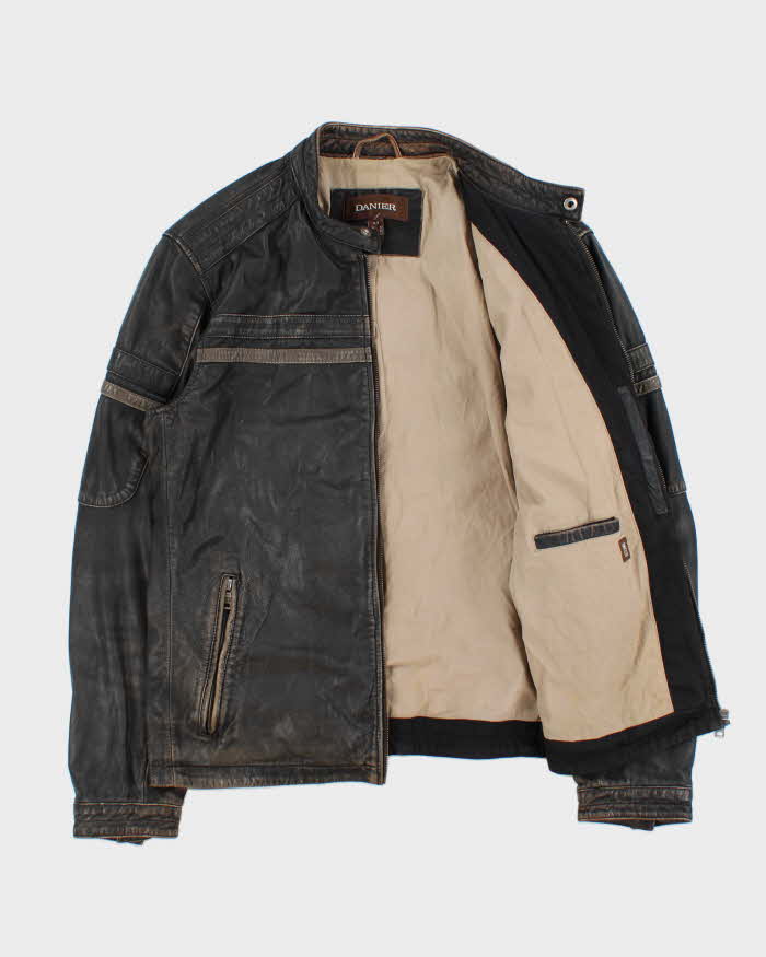 Vintage Y2K 00s Danier Distressed Leather Cafe Racer Moto Jacket - L
