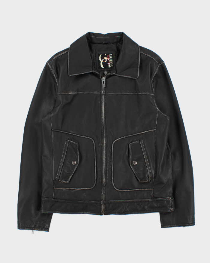 Vintage Y2K 00s Guess Jeans Distressed Leather Trucker Jacket - M