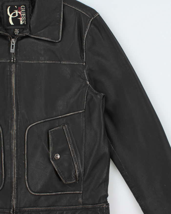 Vintage Y2K 00s Guess Jeans Distressed Leather Trucker Jacket - M