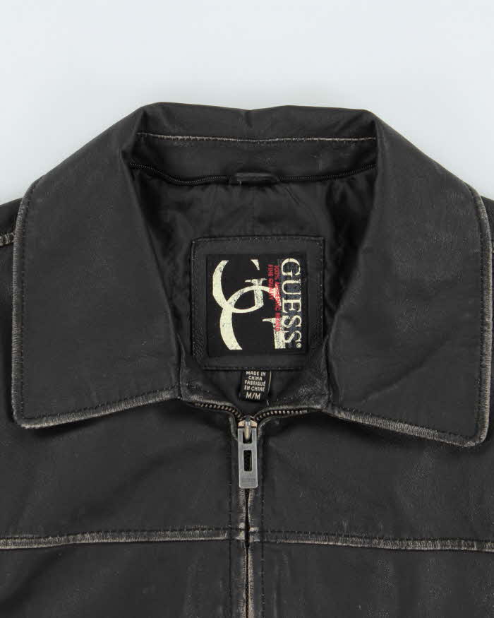 Vintage Y2K 00s Guess Jeans Distressed Leather Trucker Jacket - M