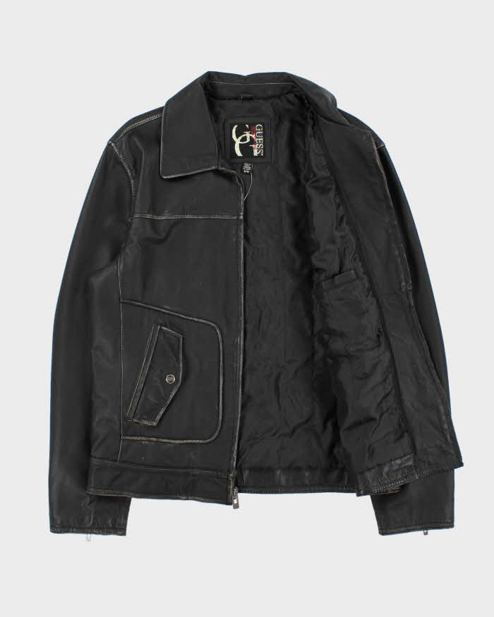 Vintage Y2K 00s Guess Jeans Distressed Leather Trucker Jacket - M