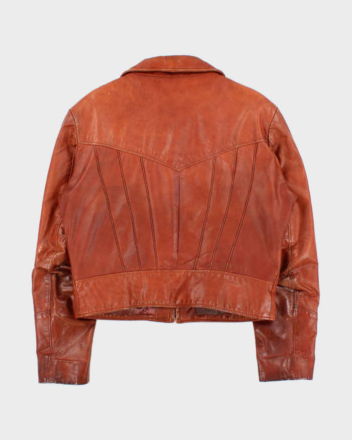 Vintage 1970s Neto Tan Brown Waist Length Pleated Made In Canada Western Leather Jacket - L