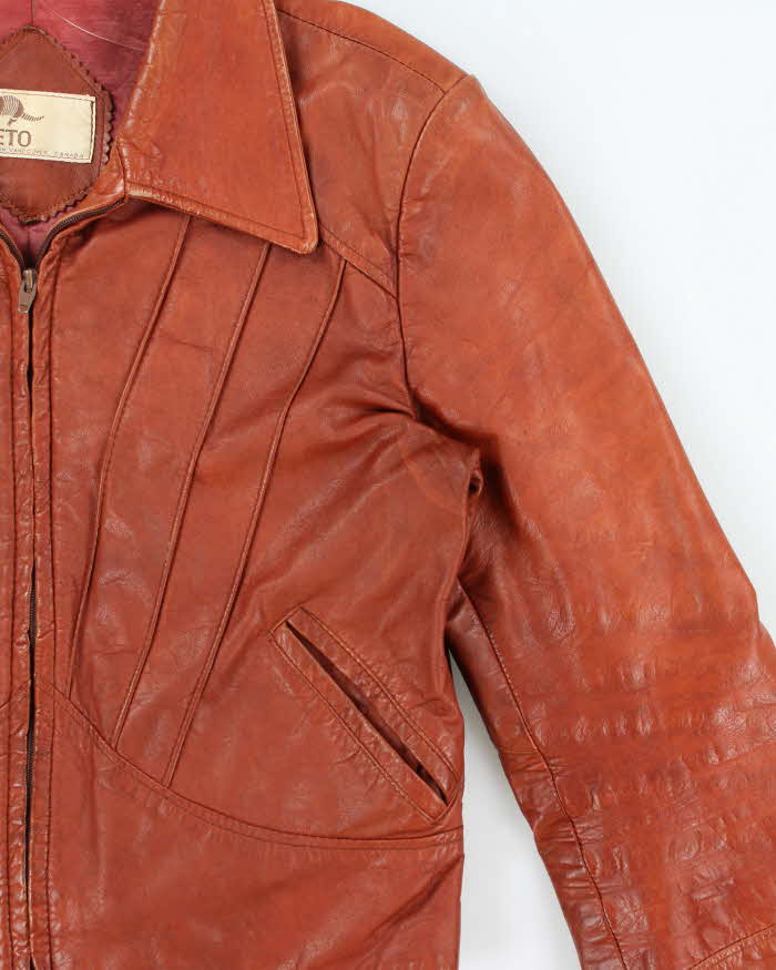 Vintage 1970s Neto Tan Brown Waist Length Pleated Made In Canada Western Leather Jacket - L