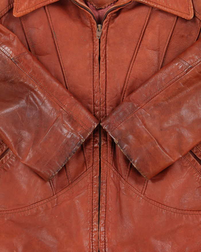Vintage 1970s Neto Tan Brown Waist Length Pleated Made In Canada Western Leather Jacket - L