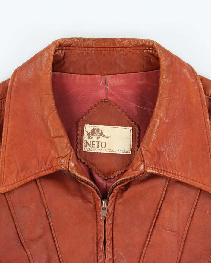 Vintage 1970s Neto Tan Brown Waist Length Pleated Made In Canada Western Leather Jacket - L