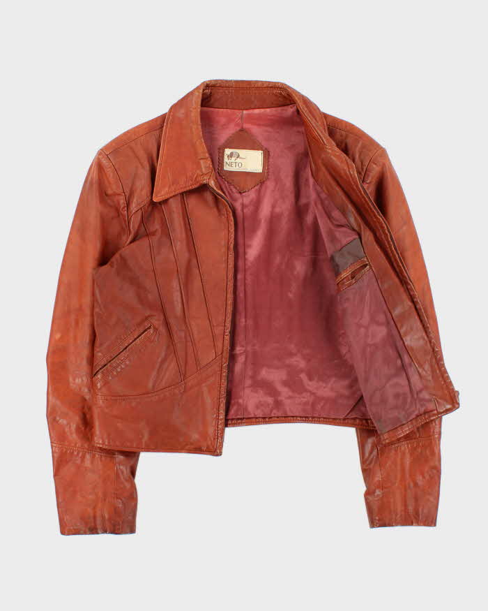Vintage 1970s Neto Tan Brown Waist Length Pleated Made In Canada Western Leather Jacket - L