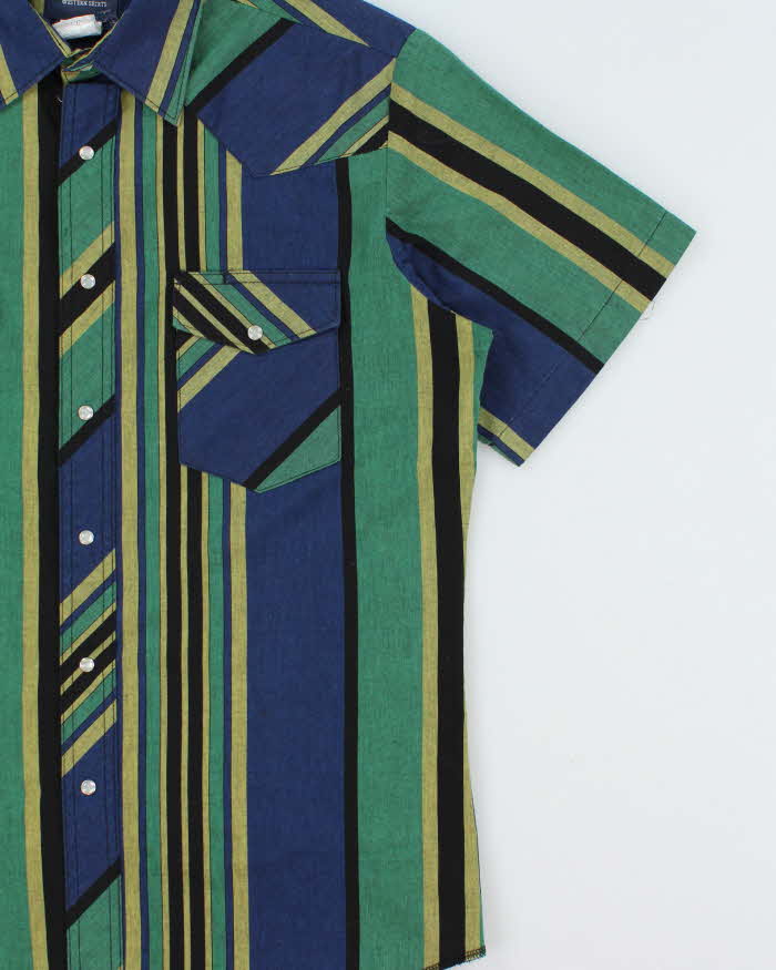Vintage Y2K 00s Wrangler Striped Pearl Snap Button Short Sleeve Western Shirt - L