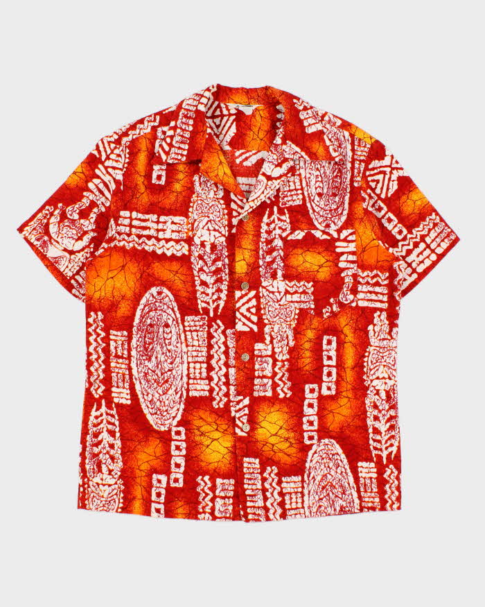 Vintage 1960s Made In USA Barkcloth Polynesian Tapa Single Stitch Hawaiian Shirt - L