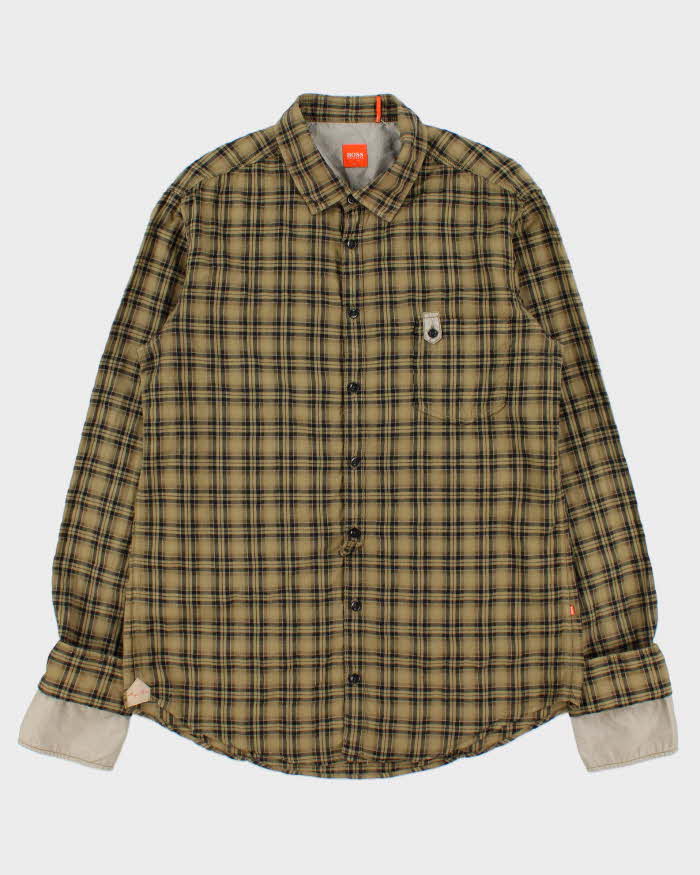 Vintage Y2K 00s Hugo Boss Khaki Plaid Double Cuff Long Sleeve Shirt - L