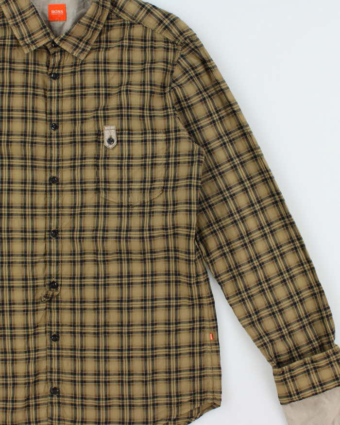 Vintage Y2K 00s Hugo Boss Khaki Plaid Double Cuff Long Sleeve Shirt - L