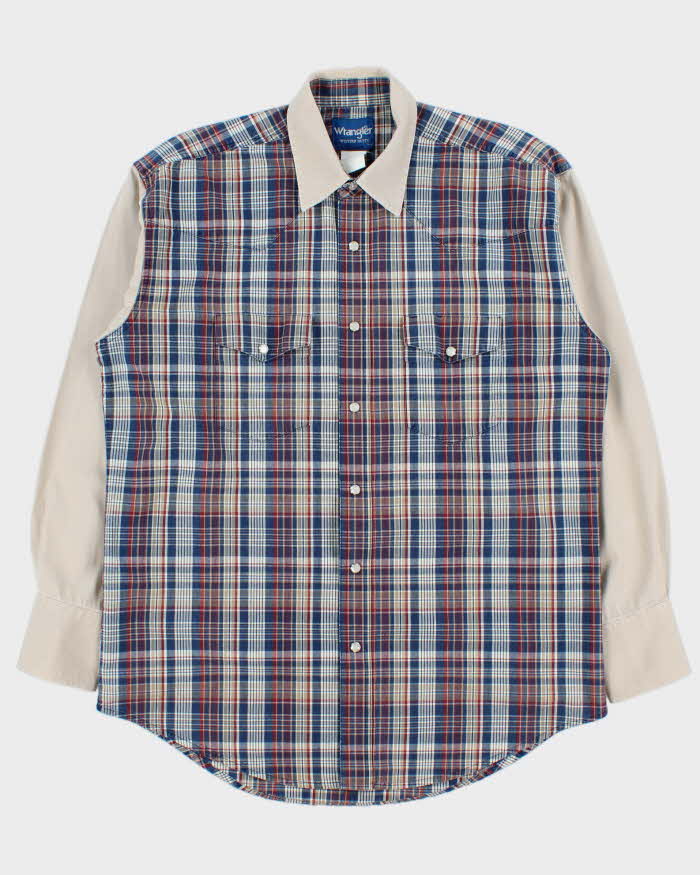 Vintage Y2K 00s Wrangler Plaid Western Pearl Snap Button Long Sleeve Denim Shirt - L