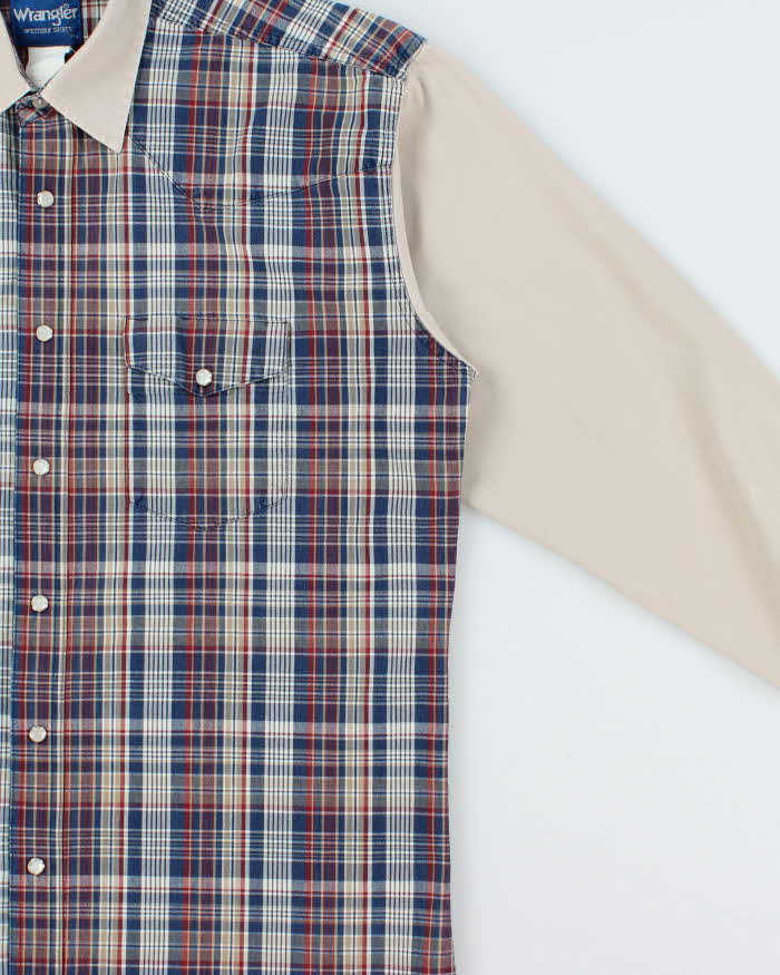 Vintage Y2K 00s Wrangler Plaid Western Pearl Snap Button Long Sleeve Denim Shirt - L