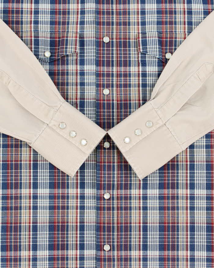 Vintage Y2K 00s Wrangler Plaid Western Pearl Snap Button Long Sleeve Denim Shirt - L