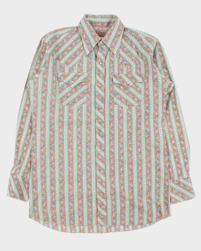 Vintage 1970s Caravan Alberta Striped Floral Pearl Snap Button Long Sleeve Perma Press Western Shirt - L