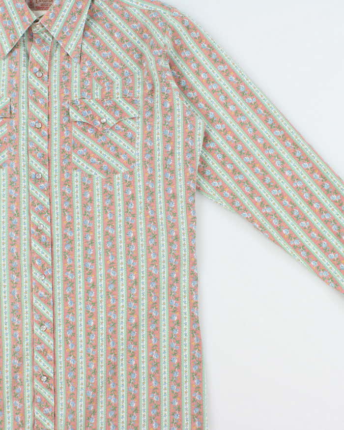 Vintage 1970s Caravan Alberta Striped Floral Pearl Snap Button Long Sleeve Perma Press Western Shirt - L